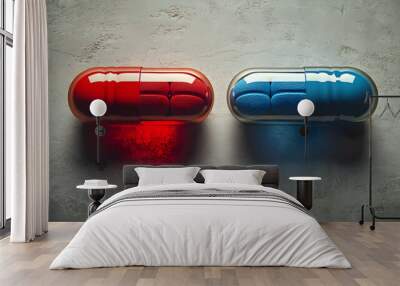 Two large capsules, one red and one blue, on a textured surface. Wall mural