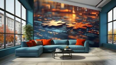 Two metallic puzzle pieces on a futuristic circuit board with orange lights. Wall mural