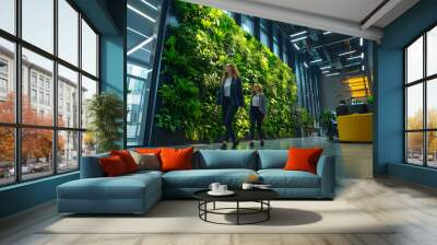 Two professionals walking in a modern office with a green wall. Wall mural