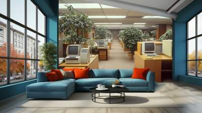 Vintage office space with computers and plants. Wall mural