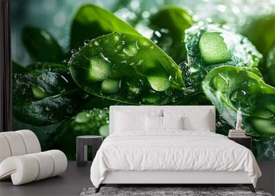 Water Droplets on Green Leaves - A Fresh Look at Nature Wall mural