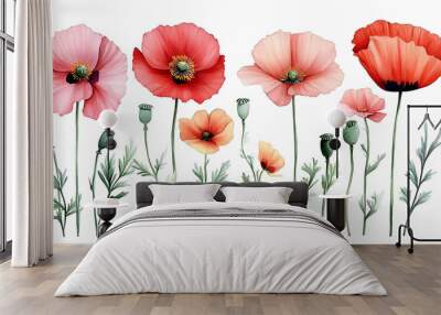 Watercolor Poppy Flower Set,  Blooming and Budding,  Perfect for Design Wall mural