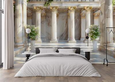 White Marble Columns with Plants in a Greek Temple 3D Illustration Wall mural