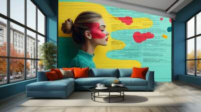 Woman with closed eyes and red makeup, posing against green and yellow wooden planks with abstract shapes. Wall mural