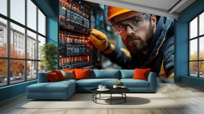 Worker inspecting electrical panel with tools and safety gear. Wall mural