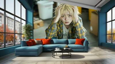 Young Person in Distressed Clothing Looks Worried in a Messy Garage Wall mural