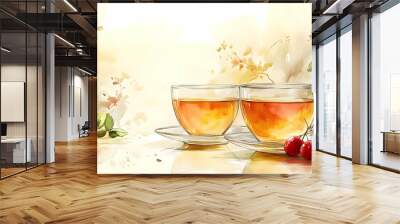 Two Cups of Tea with Berries and Watercolor Leaves Wall mural