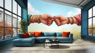 Two hands clasping in a gesture of unity, adorned with colorful traditional attire and jewelry. Wall mural