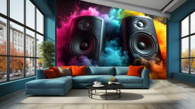 Two speakers surrounded by colorful smoke, symbolizing music and sound. Wall mural