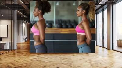 Two women in athletic wear posing side by side in a gym setting. Wall mural