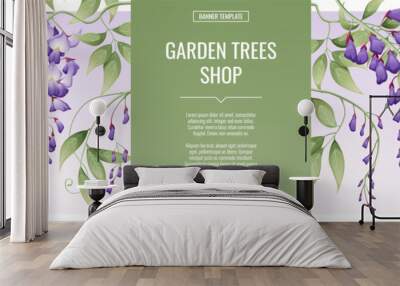 Banner with purple wisteria. Shop for flowers and garden plants. Poster,template, cover, web banner for product advertising. Wall mural