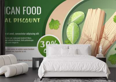 Discount voucher, mexican food template design. Coupon with tamales and lime and cilantro. Banner, poster, flyer, advertising for a restaurant. Wall mural