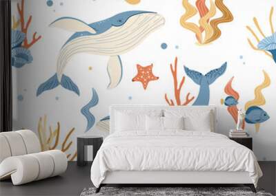 Seamless pattern with cartoon whale. Background with sea animal in flat style. Suitable for decoration, design, stickers Wall mural