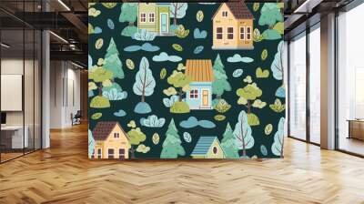 Seamless pattern with cute colorful houses and forest trees in flat style. Children's Background with country houses, spruce and clouds. Cartoon texture for fabric, wallpaper, clothes. Wall mural