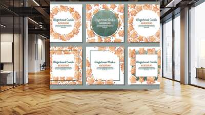 Set of Christmas background with gingerbread house, gift, snowflake, fir tree. Greeting card with cookies in glaze. Flyer, banner poster for invitation Wall mural