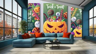 vector set of halloween party invitations or greeting cards with pumpkin and horrible sweets, candie Wall mural