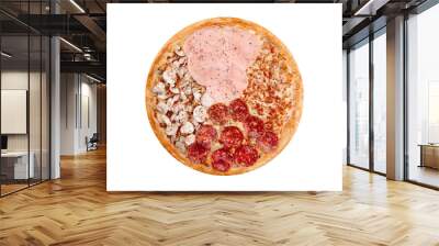 Pizza isolated on white background.Hot fast food 4 seasons with mushrooms, pepperoni, chicken and ham. Food Image for menu card, web design, site, shop or delivery. High quality retouch and isolation Wall mural