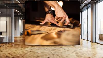 Working process of the leather belt in the leather workshop. Man holding crafting tool and working. Tanner in old tannery. Wooden table background. Close up man arm. Wall mural