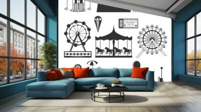 Amusement park attraction black-and-white silhouette vector illustration Wall mural