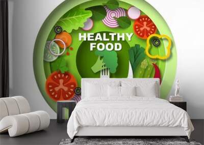 Bowl with delicious vegan salad, vector paper cut illustration. Healthy diet, vegetarian food. Wall mural