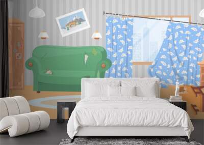 Broken furniture in abandoned living room vector Wall mural