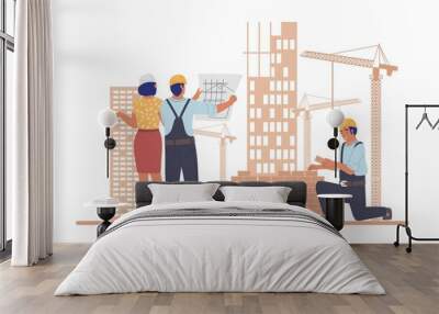 Construction site. Industrial workers architects, builders, vector illustration. Architecture project. Building industry Wall mural