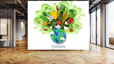 Culinary tourism concept vector illustration. Paper cut craft style planet Earth globe and healthy fresh vegetables. Cooking food ingredients. Gastronomic tour. Travel food experience. World cuisine. Wall mural