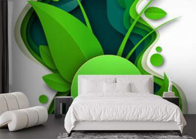 Floral summer background, vector illustration in paper art craft style. Green grass and leaves spring nature composition Wall mural