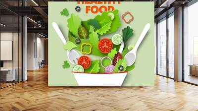 Fresh vegetable slices falling in the bowl, vector paper cut illustration. Healthy diet, vegetarian food. Cooking salad. Wall mural