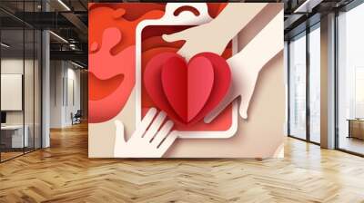 Hands giving heart, vector paper cut illustration. Human organ transplantation, donation, save life poster template. Wall mural