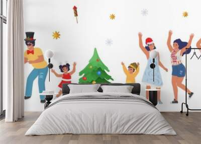 Happy people celebrating Christmas party, dancing and having fun, flat vector isolated illustration. Wall mural