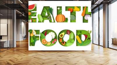 Healthy food typography vector banner template. Paper cut fresh vegetables and fruits. Vegan diet, organic nutrition. Wall mural