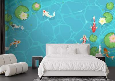 Lake top view background with swimming koi fish. Blue water pound with lily lotus flower vector illustration in cartoon style Wall mural