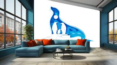 Large seal animal silhouette with Arctic landscape, pinguins family and bird inside, vector illustration in paper art style. The beauty of nature. Save animals, protect wildlife. Multiple exposure. Wall mural