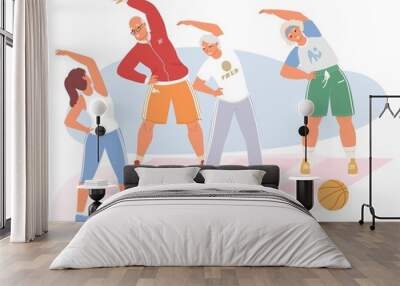 Old people doing exercise with trainer vector Wall mural