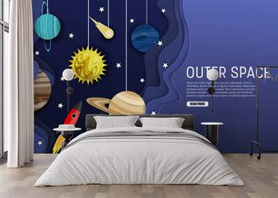 Outer space web banner template, vector layered paper cut style Wall mural