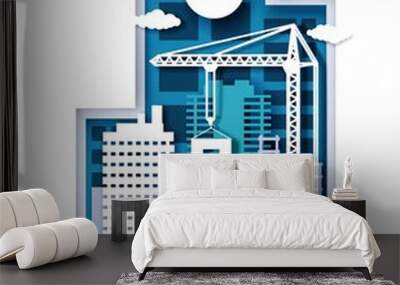 Paper cut craft style construction site with crane, skyscraper buildings, builder workers silhouettes, vector illustration. Construction industry. Wall mural