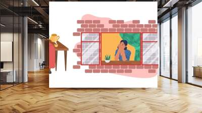 People dreaming scene set, flat vector illustration isolated on white background. Dreamy male, female cartoon characters relaxing at home and thinking sitting in armchair, by the window, reading book. Wall mural