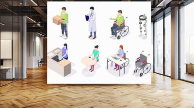 People with disabilities in wheelchair, wearing prosthetic leg, arm, flat vector illustration. Isometric male female characters cooking, working, drinking coffee in cafe. Disabled with artificial limb Wall mural