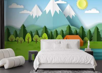 Summer camping vector paper cut illustration Wall mural