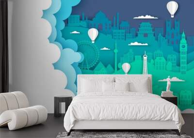 travel poster template, vector illustration in paper art style. hot air balloons flying over world f Wall mural