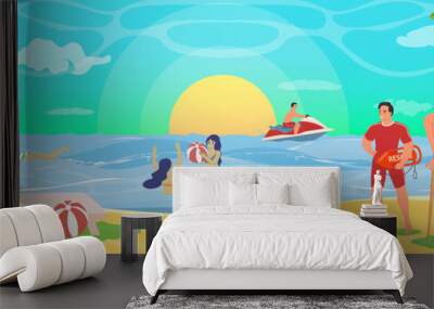 Tropical beach lifeguard at work flat vector Wall mural