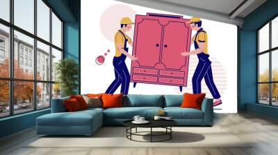 Two movers carrying closet, vector illustration. Relocation. Moving company service. Furniture delivery. Wall mural