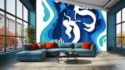 Vector layered paper cut fairytale composition. Deep ocean bottom landscape and two mermaids swimming together with fishes, manta rays, sea horses. Beautiful fairytale scene in white and blue colors. Wall mural