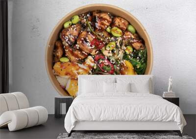 Poke bowl with chicken and vegetables on the white table. Wall mural