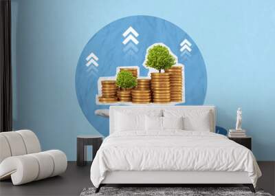 Creative art collage of hand hold money coin stack growing business for planning businesses. Concept for investment, finance, saving money and business strategy Wall mural