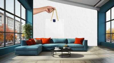 Hand holding white paper bag or paper shopping bag on white wall background. Object with clipping path and copy space Wall mural