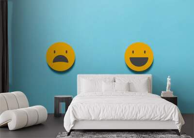 Happy face smile and face sad on blue background. Service rating, satisfaction concept Wall mural