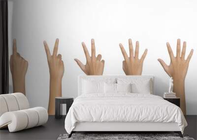 Man showing one to five fingers count signs isolated on white background with Clipping path included. Communication gestures concept Wall mural