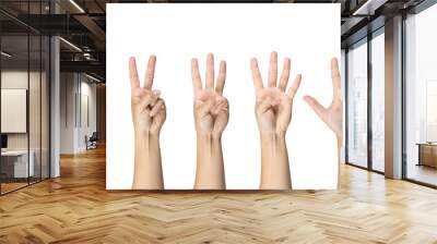 Man showing zero to five fingers count signs isolated on white background with Clipping path included. Communication gestures concept Wall mural